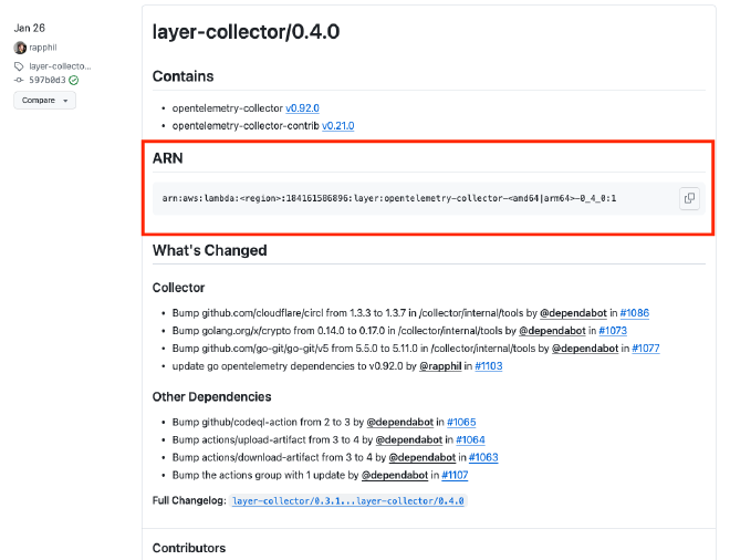 Screenshot of the &ldquo;ARN&rdquo; section of the &ldquo;layer-collector/0.4.0&rdquo; release notes