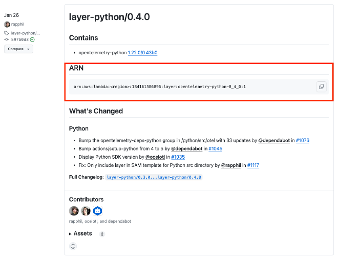 Screenshot of the &ldquo;ARN&rdquo; section of the &ldquo;layer-python/0.4.0&rdquo; release notes