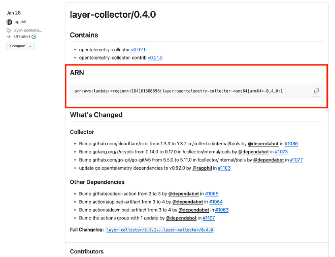 Screenshot of the “ARN” section of the “layer-collector/0.4.0” release notes