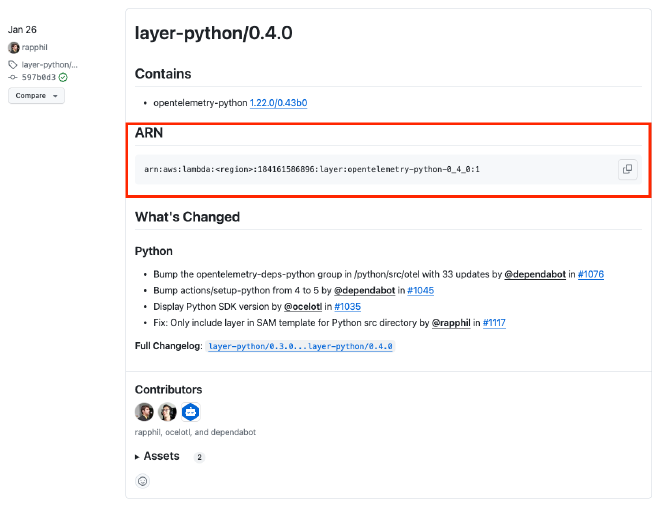 Screenshot of the “ARN” section of the “layer-python/0.4.0” release notes